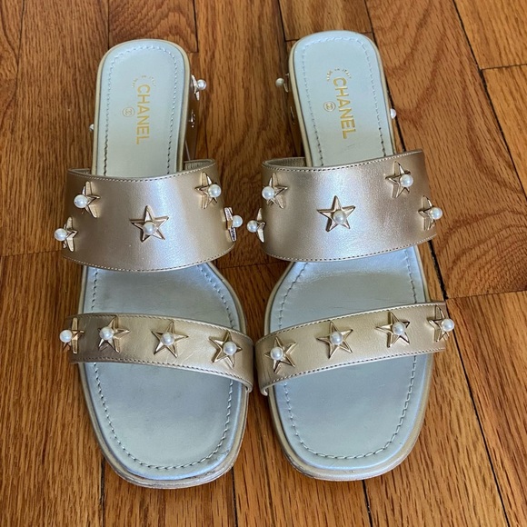 Chanel Gold Star Embellished Sandals - Picture 1 of 8